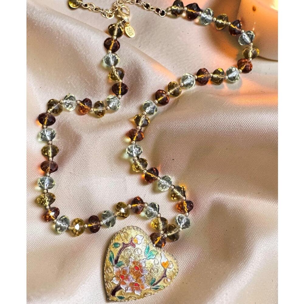 JOAN RIVERS Cloisonné Heart Necklace, Lemon & Orange Glass Beads, Gold Tone